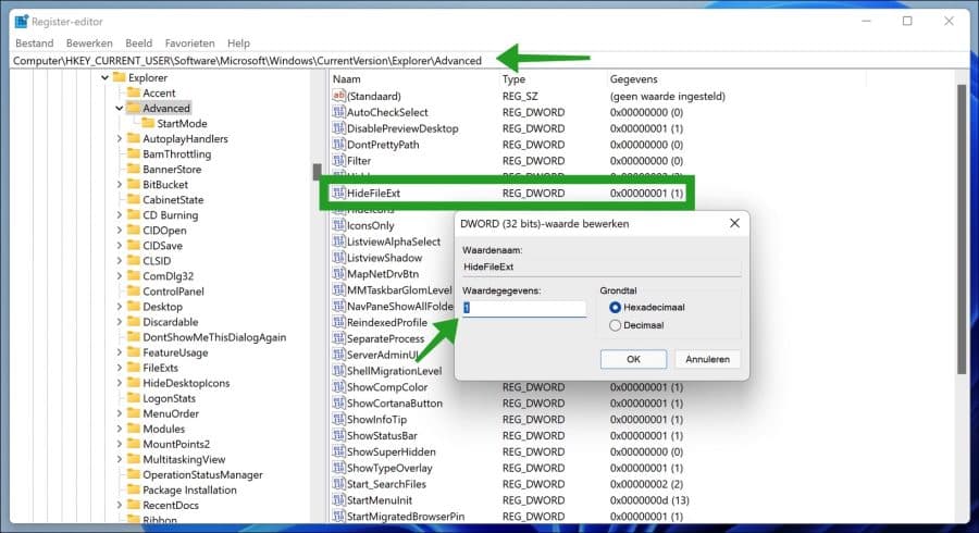 HideFileExt windows register aanpassing