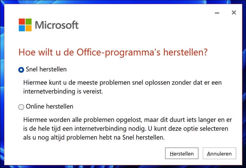 Hoe wilt u het Office programma herstellen