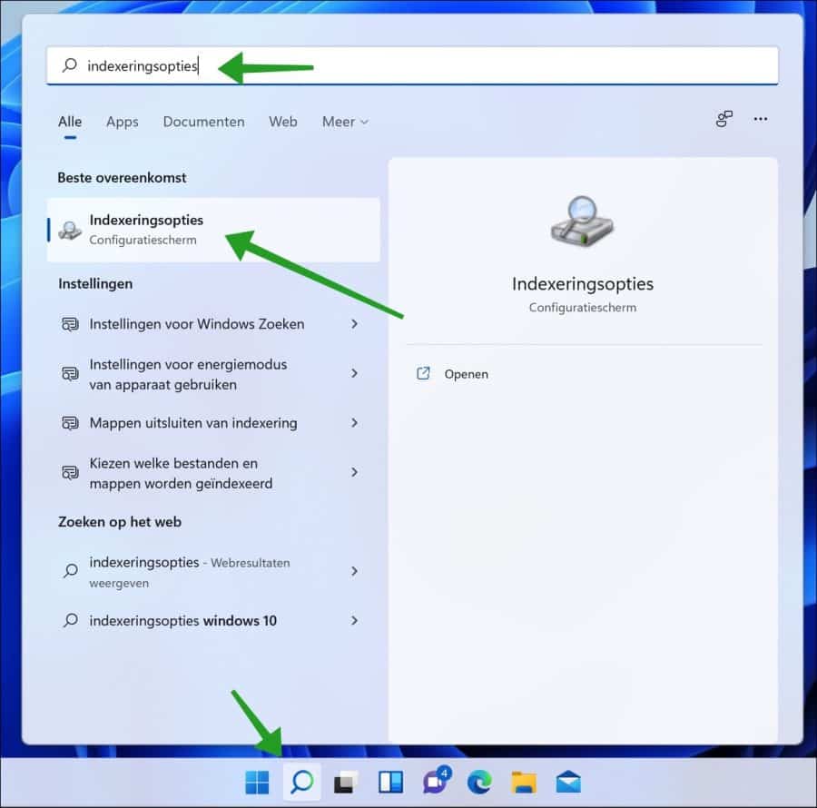 Indizierungsoptionen in Windows