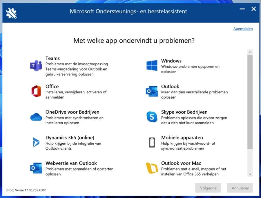 Microsoft ondersteunings- en herstelassistent