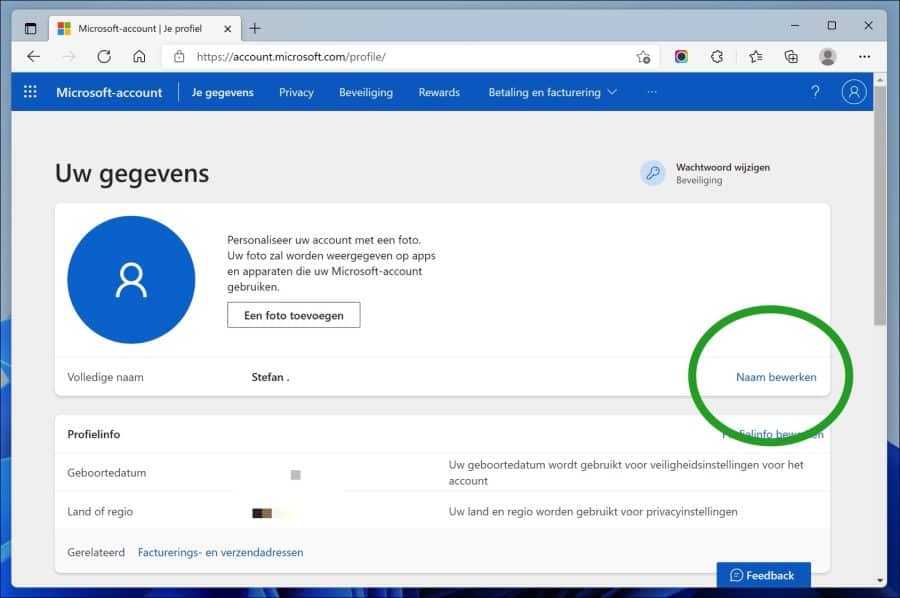 Naam wijzigen van Microsoft account