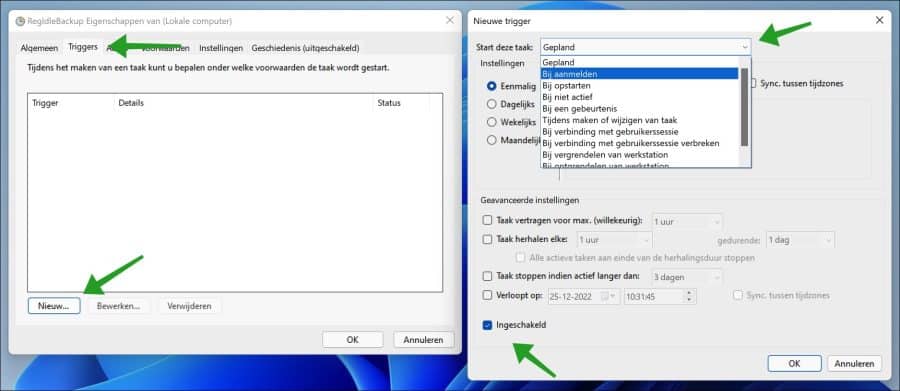 Nieuwe Windows-register back-up trigger aanmaken in taakplanner