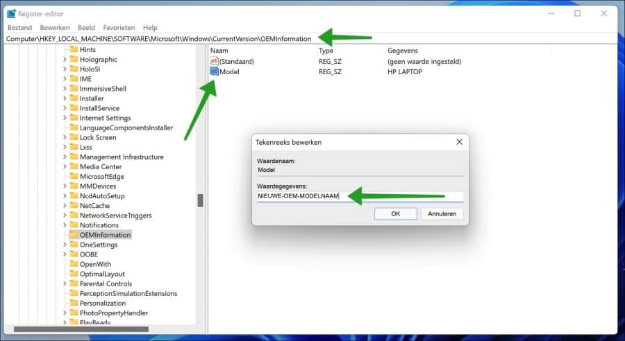 OEM modelnaam wijzigen via Windows register