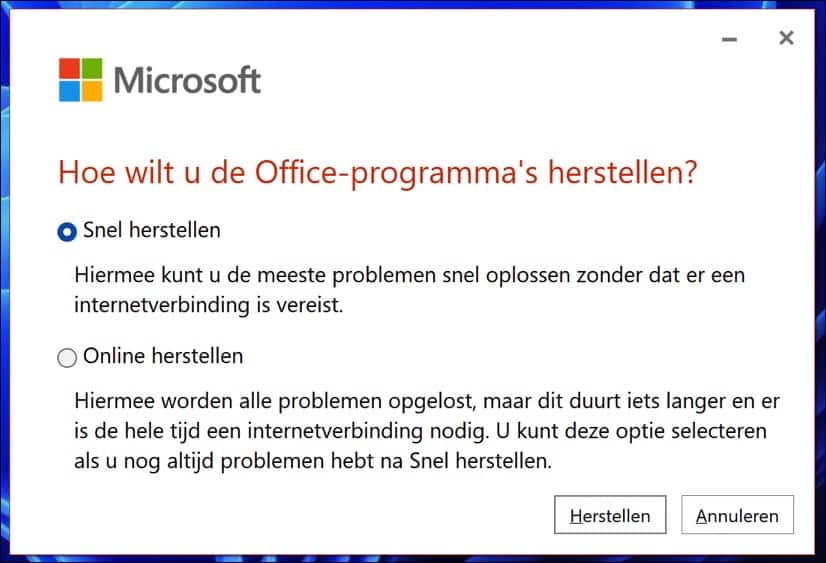 Office 365 snel herstellen of online herstellen