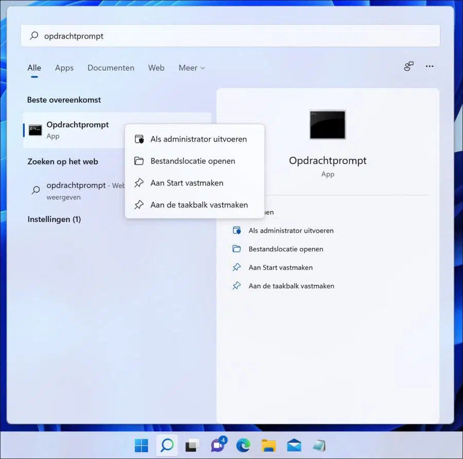 Opdrachtprompt uitvoeren als Administrator