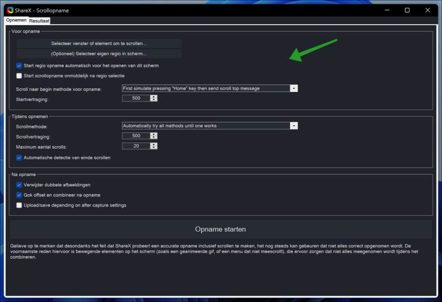 Scrolopname instellingen in ShareX
