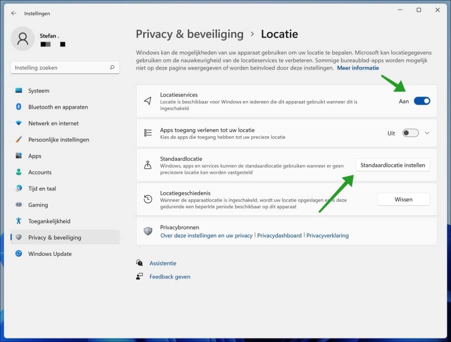 Standaardlocatie instellen in Windows 11
