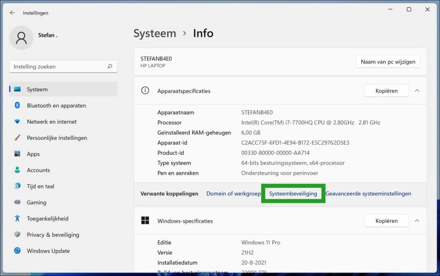 Systeembeveiliging opties in Windows 11