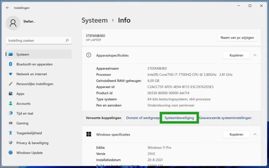 Systeembeveiliging opties in Windows 11