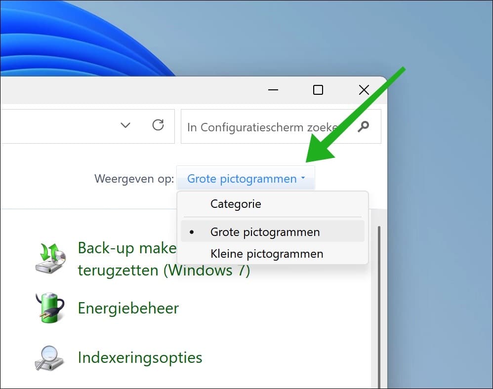 Wijzig rechtsboven Weergeven naar Grote pictogrammen