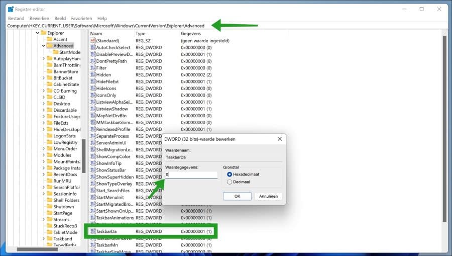 taskbarda waarde aanpassen in Windows 11