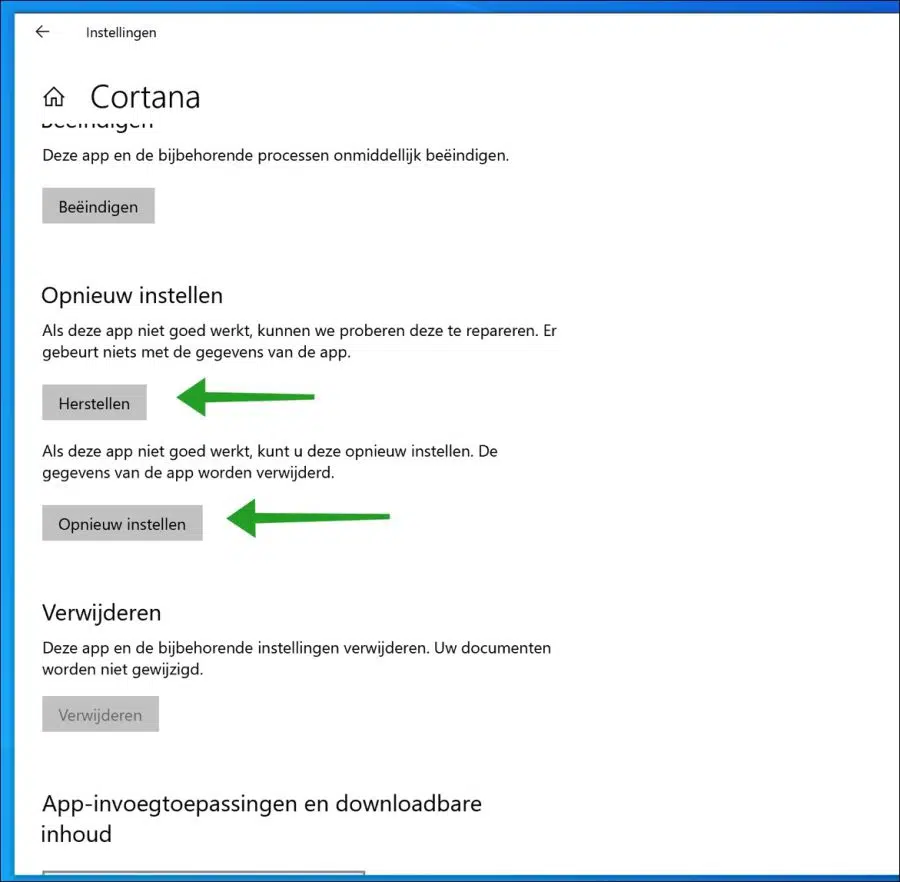 App herstellen repareren of opnieuw instellen in Windows 10