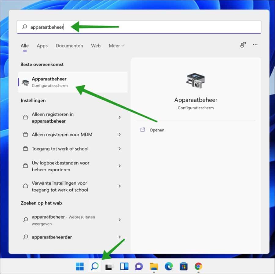 Apparaatbeheer openen via Windows zoeken