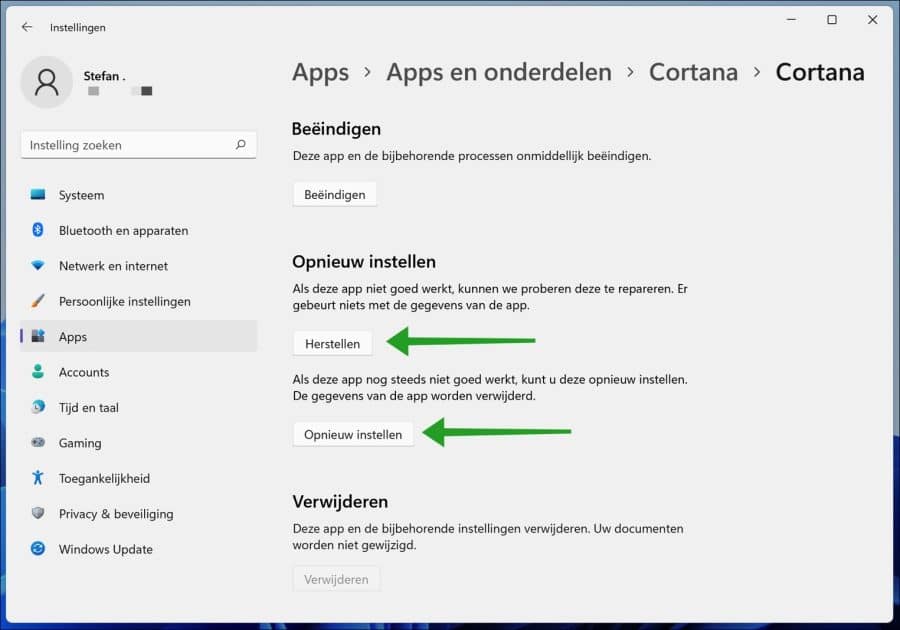 Applicatie opnieuw instellen in Windows 11