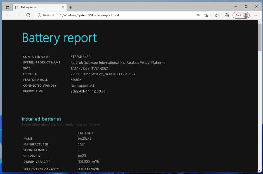 Battery status report in Windows 11 or Windows 10