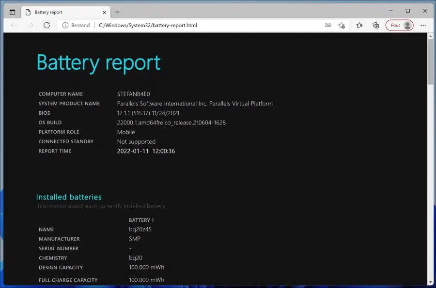 Batterij status rapport in Windows 11 of Windows 10