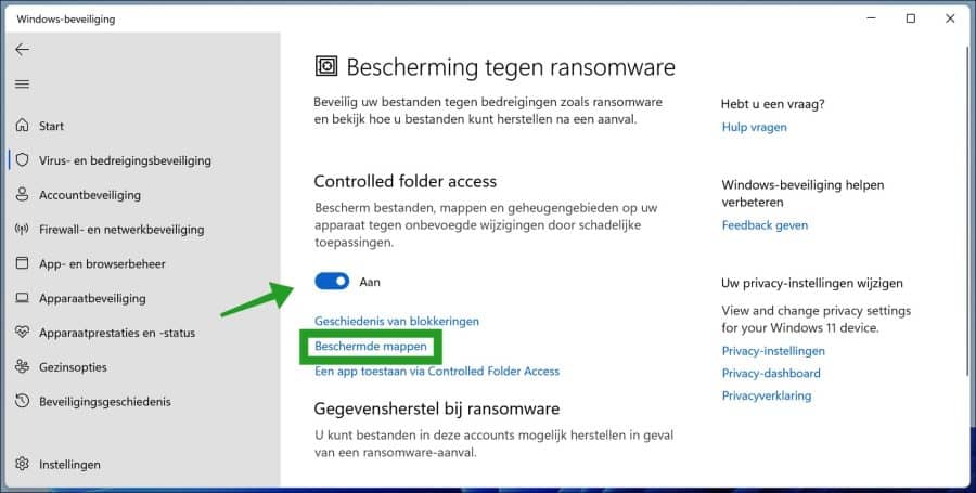 Beschermde mappen toevoegen aan controlled folder access gecontroleerde maptoegang