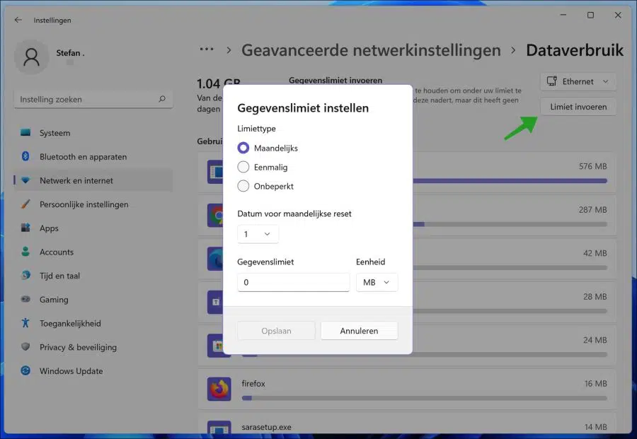 Datalimiet instellen in Windows 11