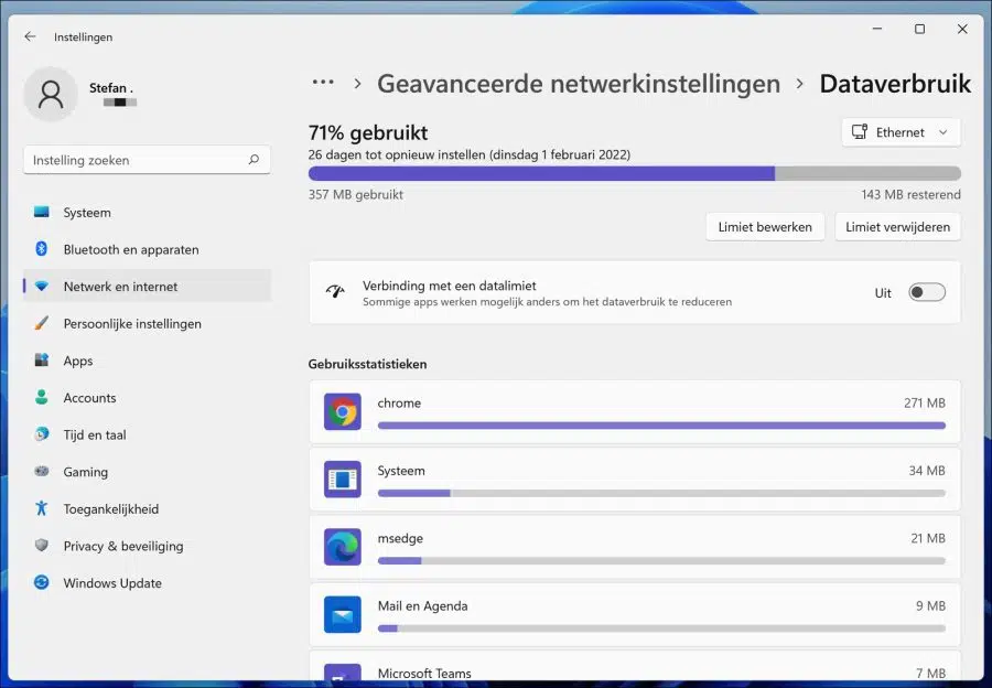 Datalimiet resterend in Windows 11