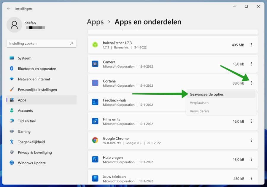 Geavanceerde app instellingen openen in Windows 11