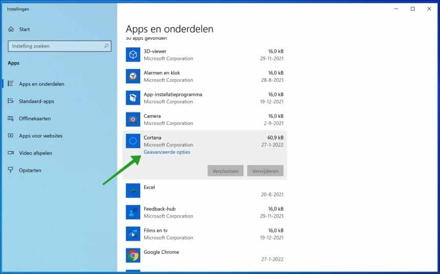 Geavanceerde app opties in Windows 11