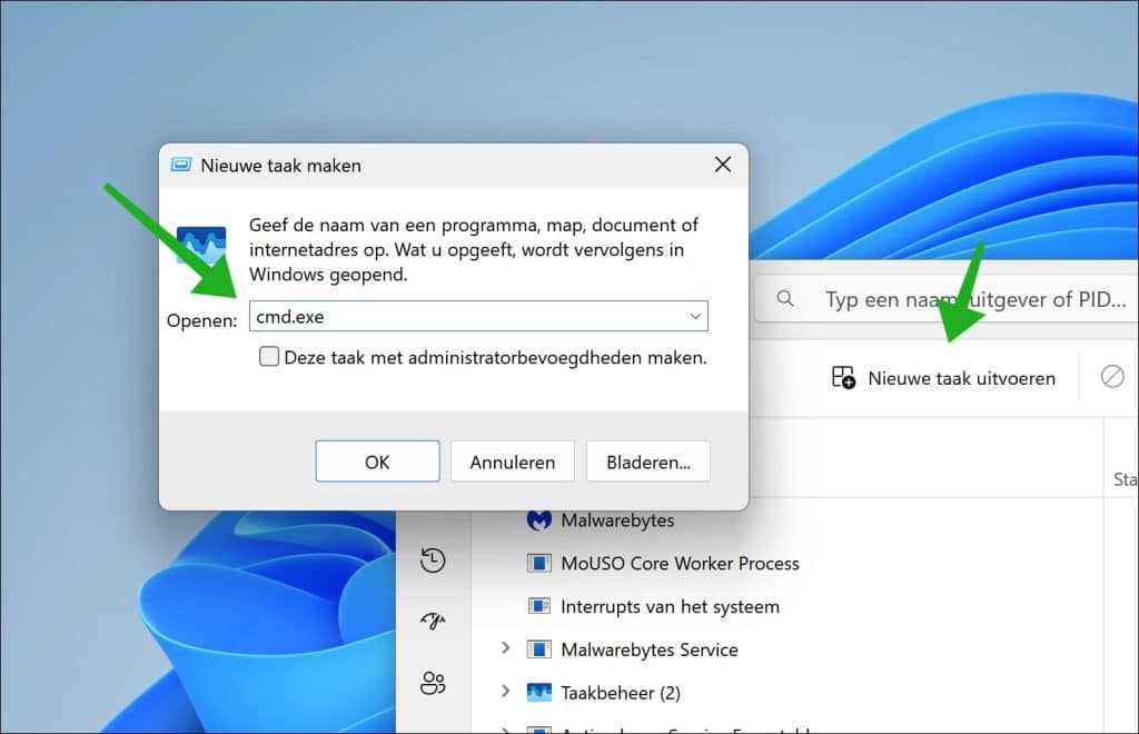Opdrachtprompt openen als Administrator via taakbeheer