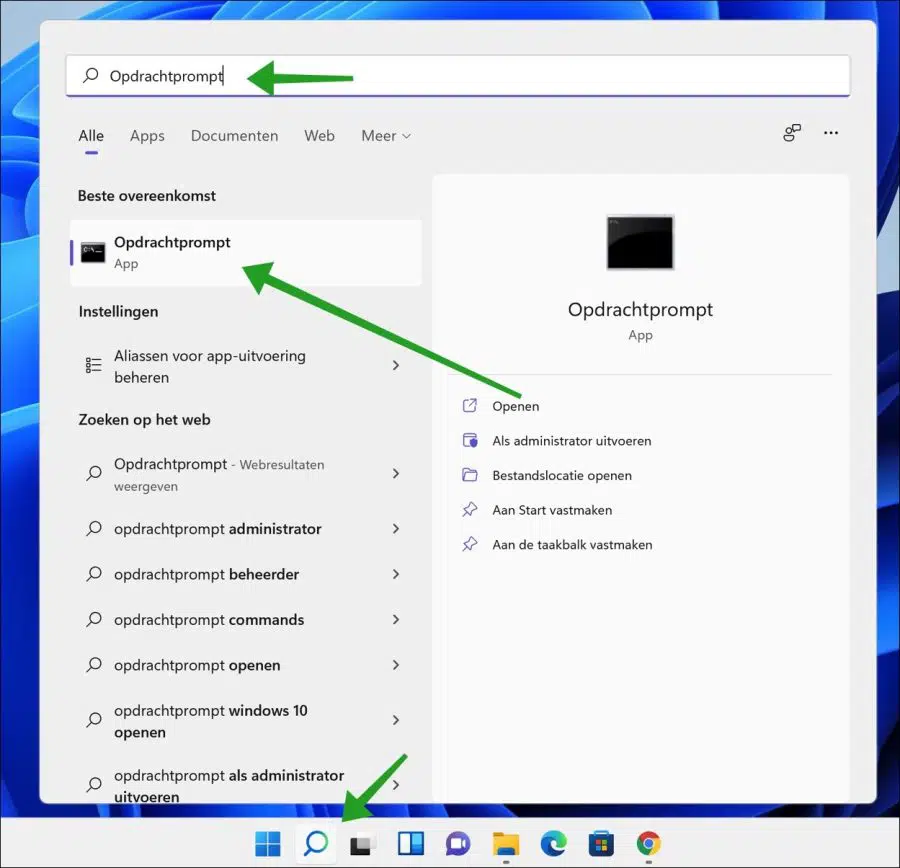 Opdrachtprompt openen via Windows 11 zoeken