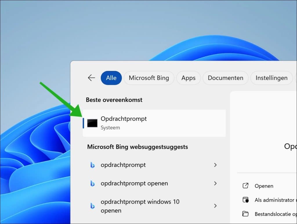 Opdrachtprompt openen via Zoeken