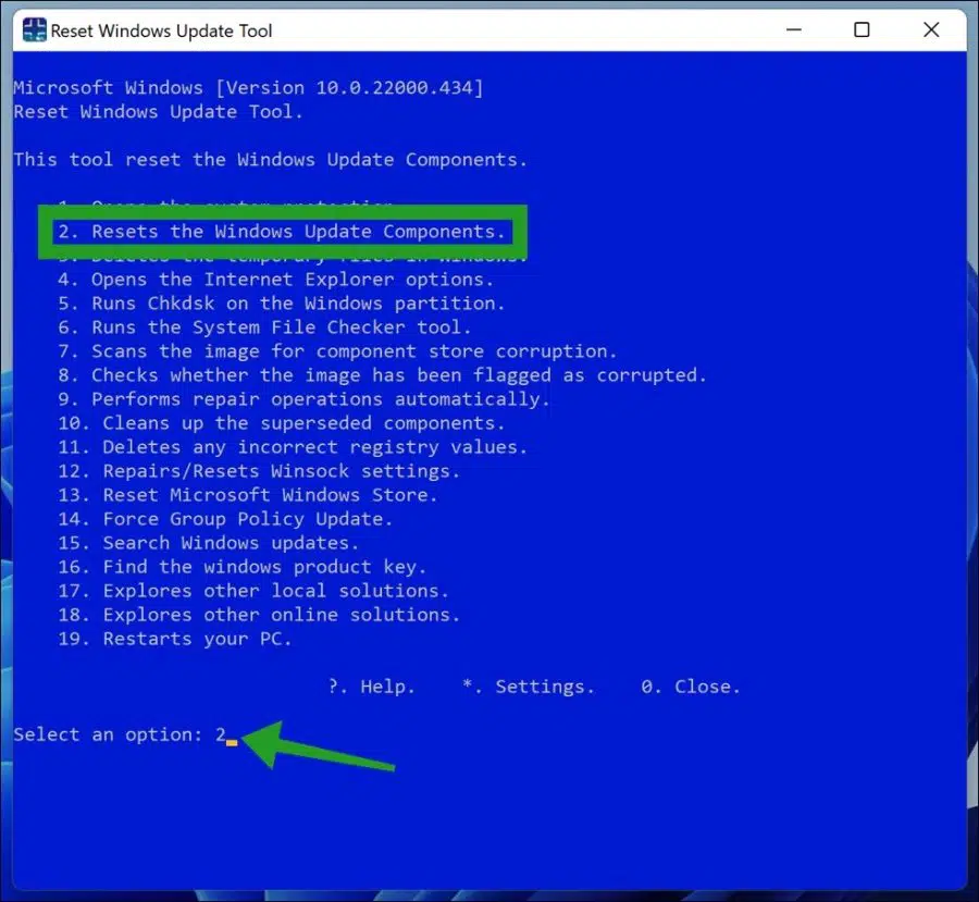 Resets the Windows update components