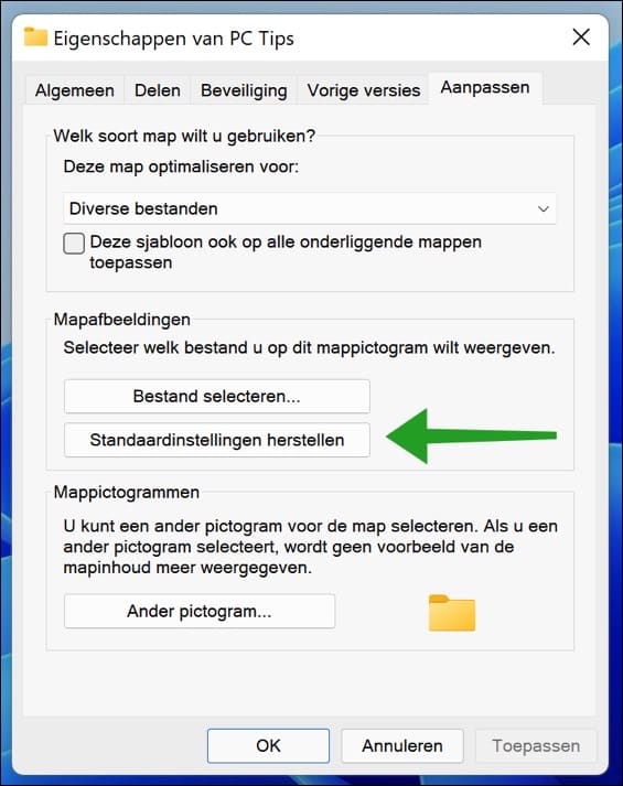 Standaardinstellingen herstellen voor map