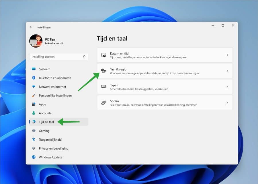 Taal en regio instellingen in Windows 11