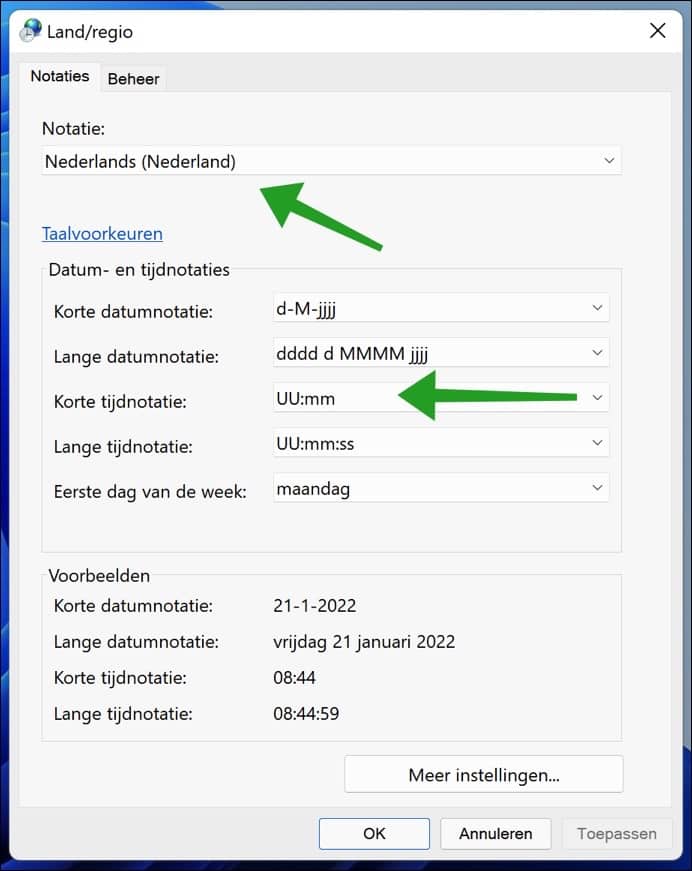 Tijd notatie wijzigen in Windows 11