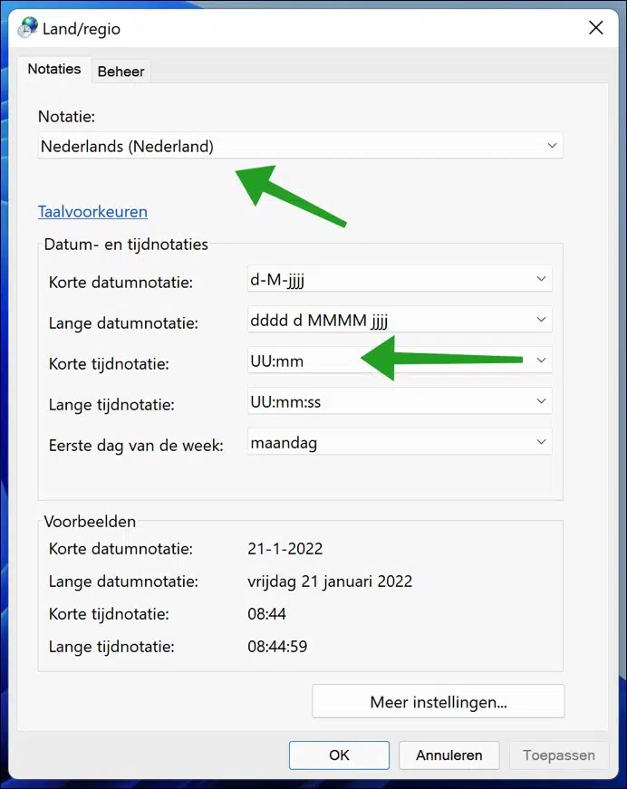 Tijd notatie wijzigen in Windows 11