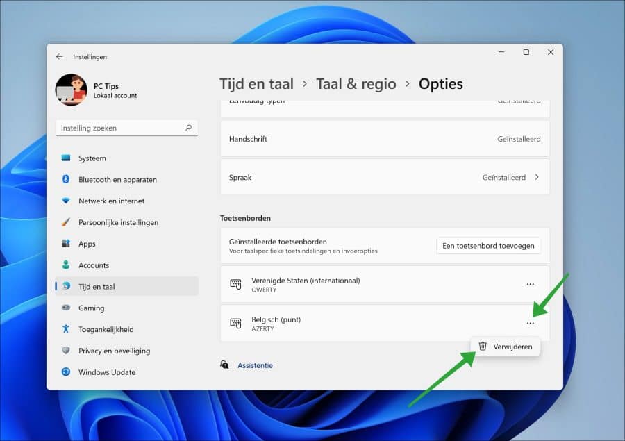Toetsenbord indeling verwijderen in Windows 11