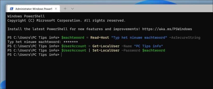 Windows 11 wachtwoord wijzigen via powershell