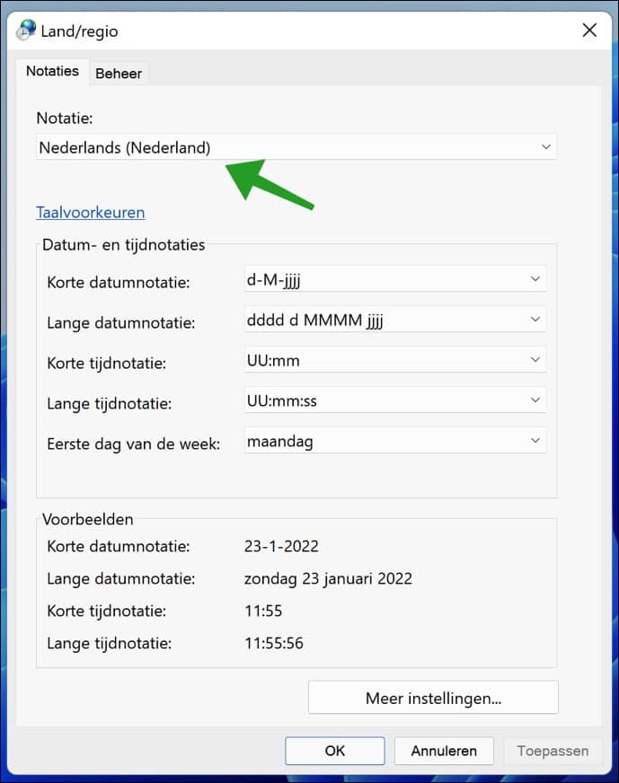 regio notatie aanpassen in windows 11