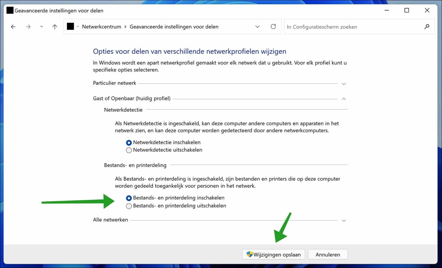 Bestands en printerdeling in of uitschakelen (Windows 11)