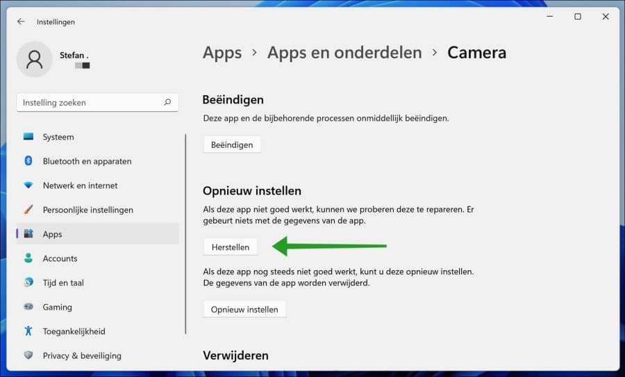 Camera app in Windows 11 opnieuw instellen