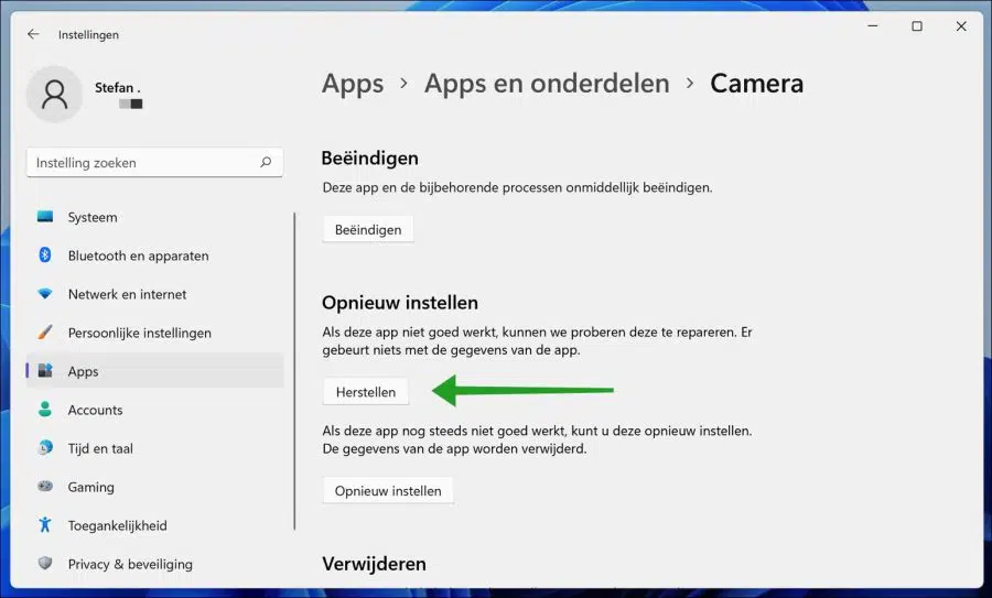 Camera app in Windows 11 opnieuw instellen