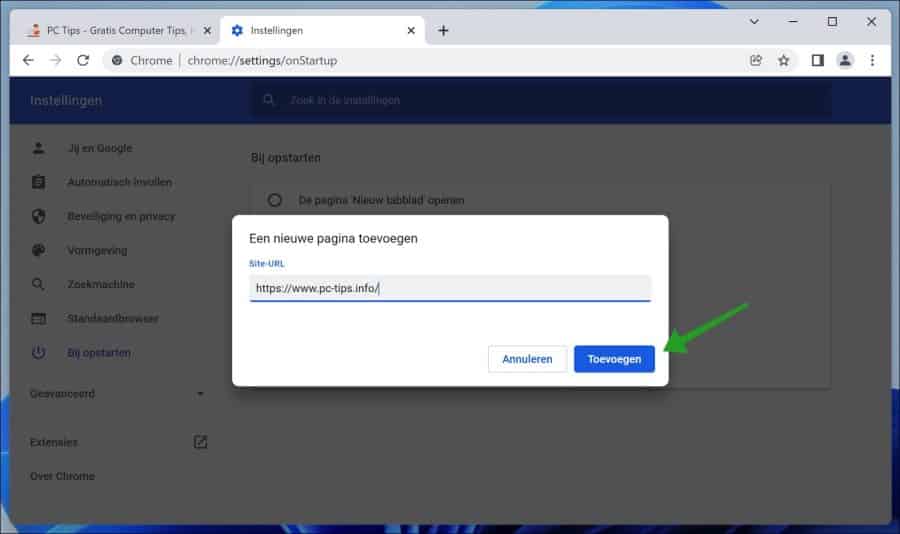 Een nieuwe pagina toevoegen om te openen bij het opstarten van Google chrome