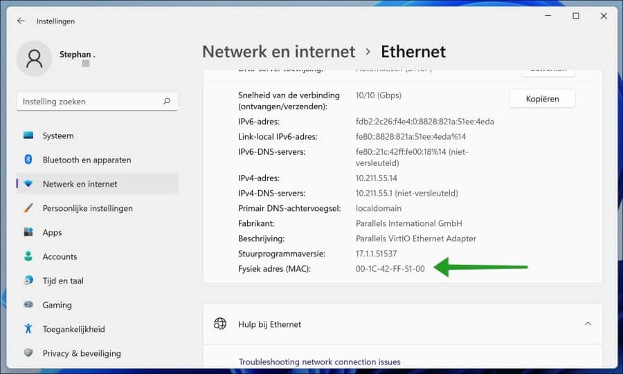 Fysiek mac adres opzoeken in Windows 11