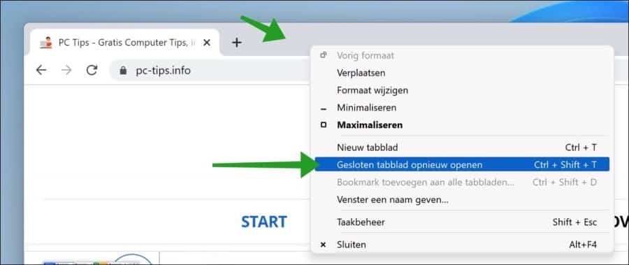 Gesloten tabblad opnieuw openen in Google Chrome