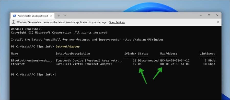 Get-NetAdapter in Windows 11 om hardware adres op te zoeken