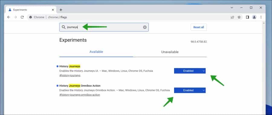 History journeys aanzetten in Chrome flags