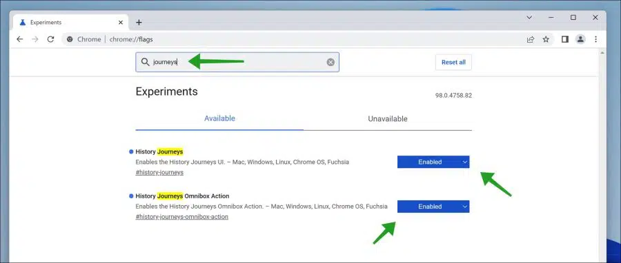 History journeys aanzetten in Chrome flags