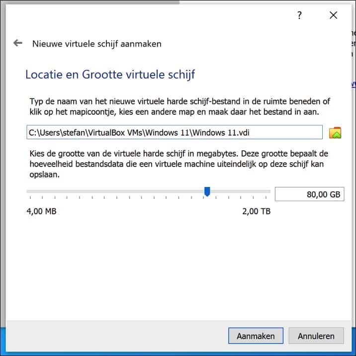 Locatie en grootte virtuele schijf aanmaken