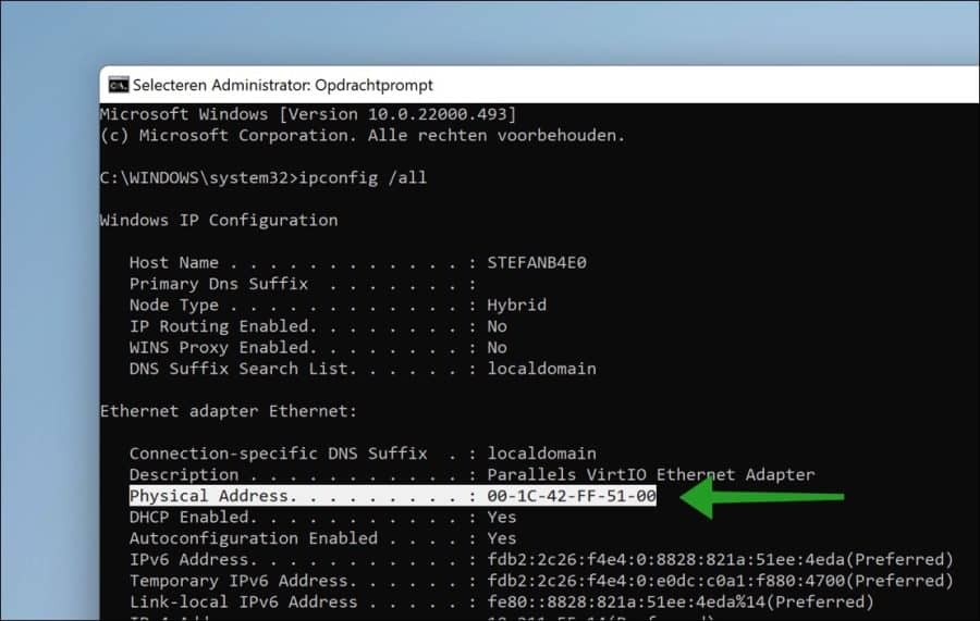 Mac adres zoeken in Opdrachtprompt in Windows 11