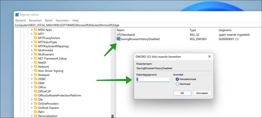 SavingBrowserHistoryDisabled waarde in Microsoft Edge