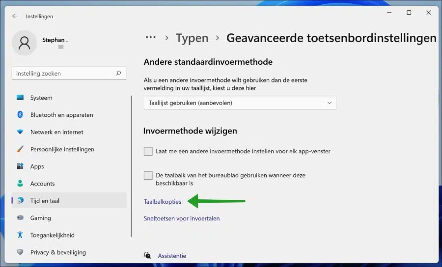 Taalbalk opties in Windows 11