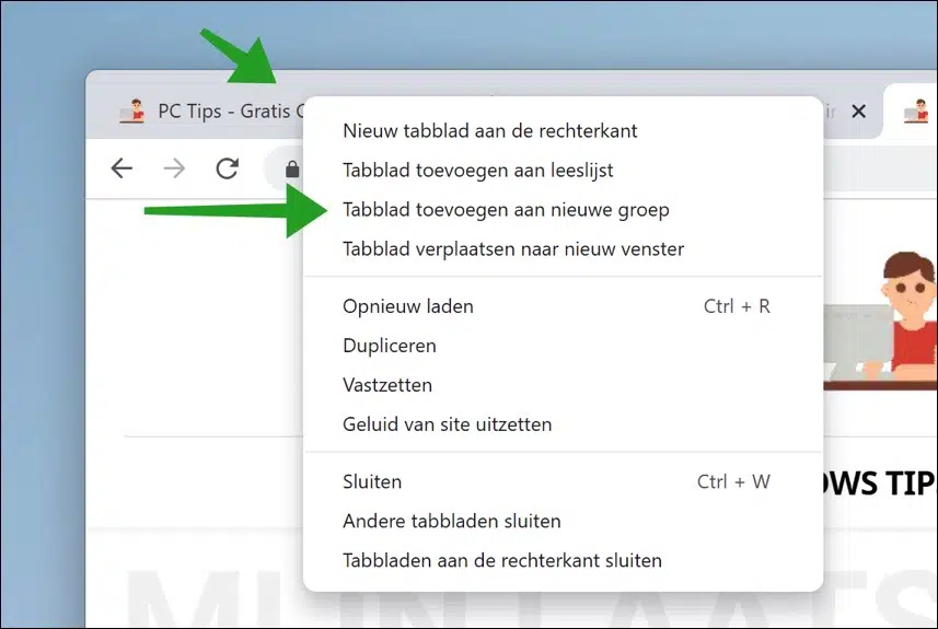 Tabblad toevoegen aan nieuwe groep